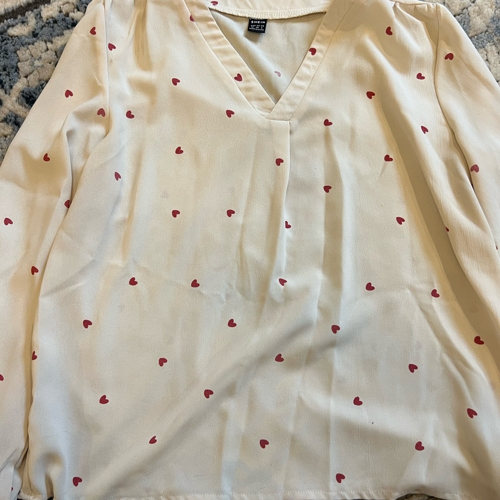 SHEIN Cream Blouse with Red Heart Pattern